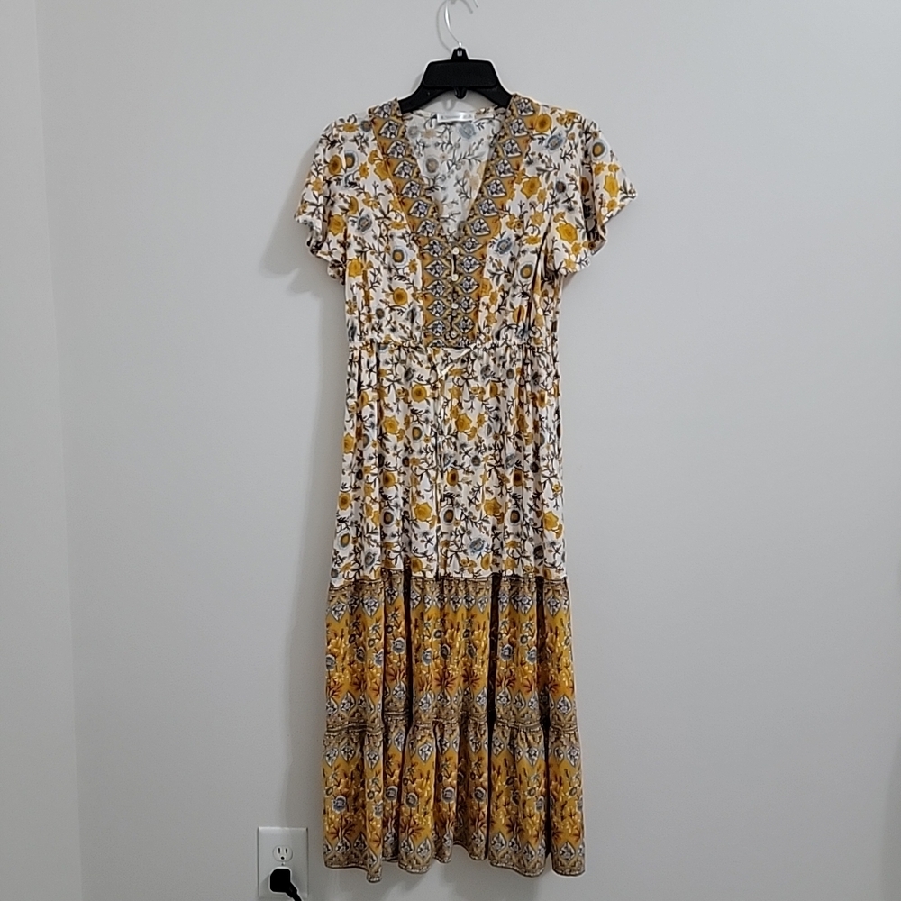 R.Vivimos Womens Summer Floral Print 100% Cotton Short Sleeve Flowy Dress M 8/10